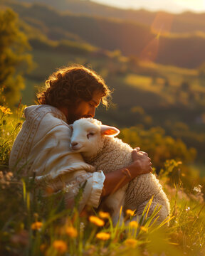 Jesus, kneeling on the green grass, tenderly holding a soft white lamb in his arms, his face expressing love, tenderness and compassion.