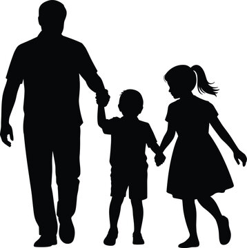 Father walking and holding hands with son and daughter silhouette, family togetherness vector illustration