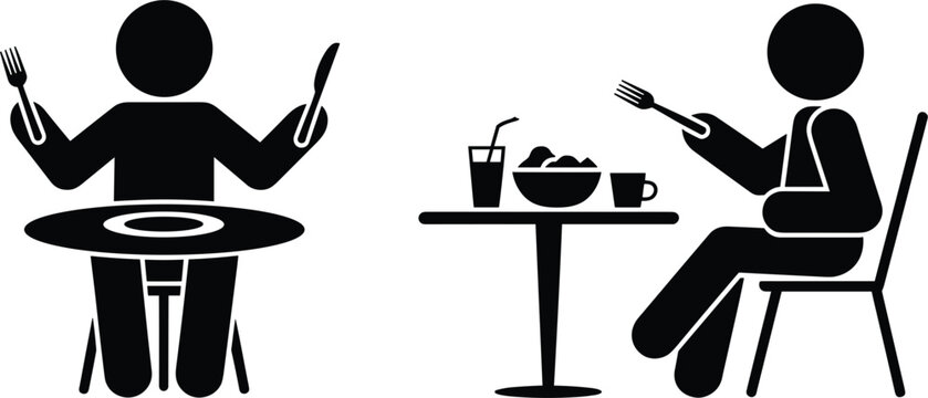 Stick figure dining situation, injured person eating with arm sling versus normal meal concept illustration