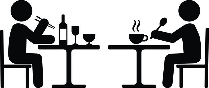 Stick figure dining comparison, person eating unhealthy food with alcohol versus healthy meal lifestyle concept