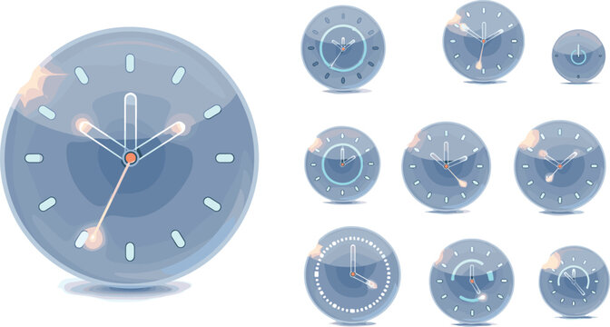 Clock Icons Vector Set with Analog Timepieces, Hour and Minute Hands, and Modern Design Elements