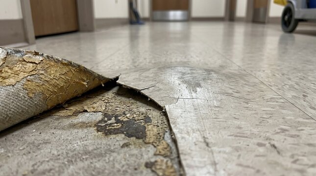 Damaged floor tile peeling and cracked in a commercial hallway. Low angle close-up of broken vinyl flooring needing repair. Showing neglect and maintenance issues in a public facility.