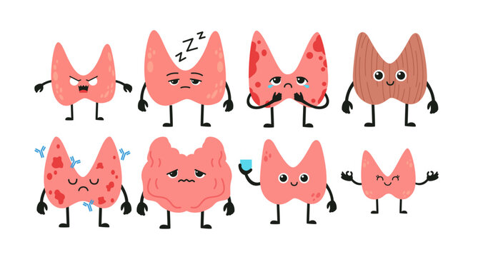 Cute Thyroid Disorder Illustration Set Including Healthy, Hyperthyroid, Hypothyroid, Goiter, Hashimoto, Thyroiditis, Riedel and Medicine Concept for Endocrine System Education, Vector Set
