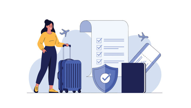 Female traveler standing with her suitcase next to a passport and insurance document to prepare for a safe international flight.