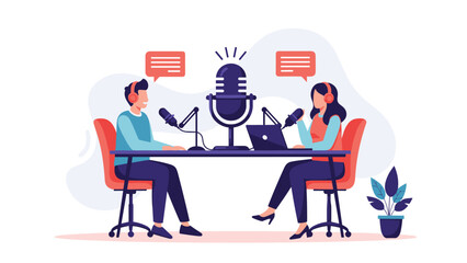 Fototapeta premium Professional podcast hosts recording new episode with studio microphones and laptop in creative workspace environment.