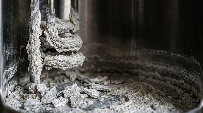 Limescale buildup on heating element in water heater or kettle showing hard water damage for appliance descaling maintenance plumbing repairs and mineral deposit removal service industry