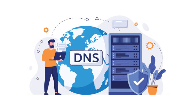 System administrator managing domain name system settings on server rack with globe for global internet connectivity.