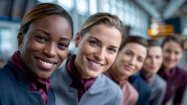 Gruppe l&auml;chelnder Flugbegleiterinnen verschiedener Herkunft in Uniform am Flughafen