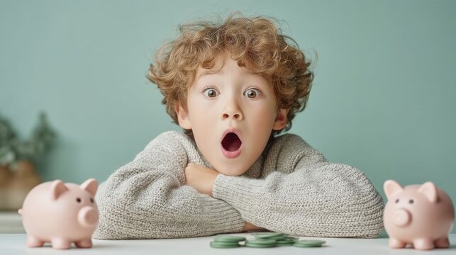 Surprised Young Boy with Curly Hair Expressing Shock in Studio Setting Surrounded by Piggy Banks and Coins During a Financial Learning Activity