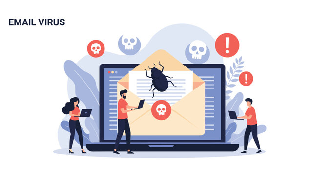 Concerned people using laptops around computer screen showing computer virus bug in email for cybersecurity awareness.
