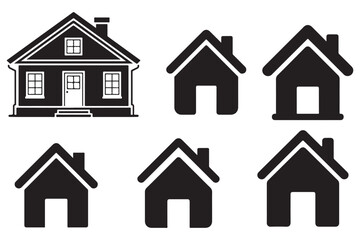 Fototapeta premium Collection of black house one detailed, five simple silhouettes home building architecture