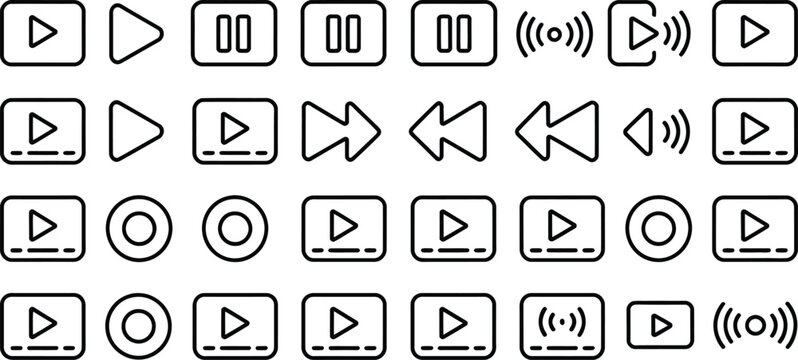 Play button icons, media controls, video symbols, black and white vector graphics