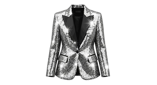 Sparkling sequin blazer on white background with black lapels
