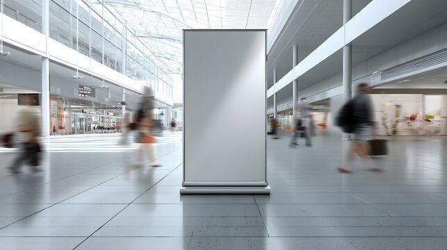 Leere Werbetafel im modernen Einkaufszentrum mit bewegten Menschen und viel Freiraum