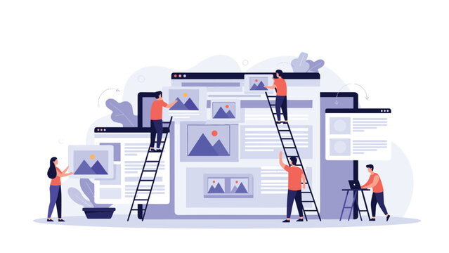 Collaborative web design team using ladders to build a website layout with image blocks and content on a large computer screen.