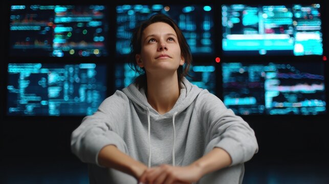Female coder sitting in dark space illuminated by holographic screens data overload concept 