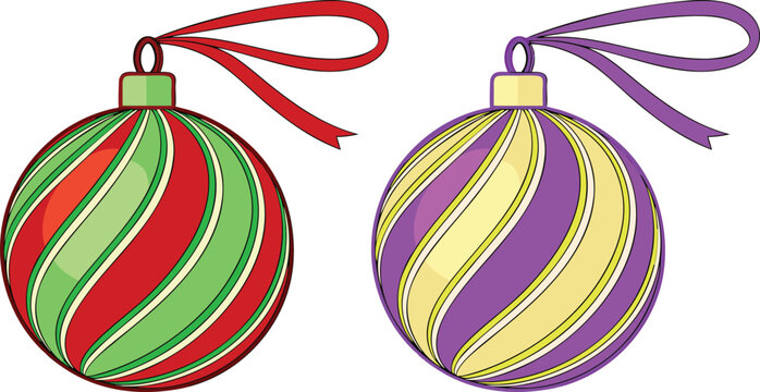 3 d glossy christmas bauble with red and green spiral ribbon