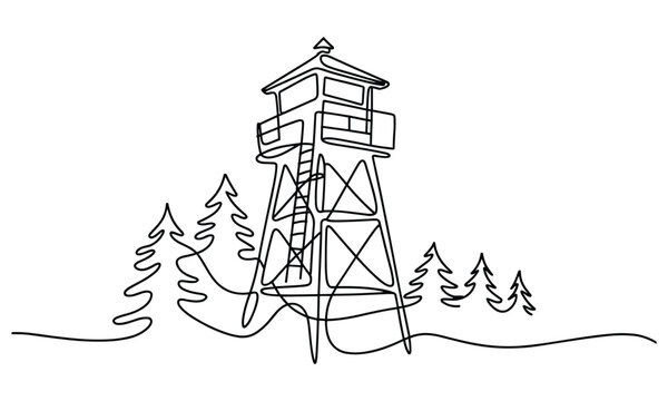 Fire lookout tower in a forest with pine trees continuous line drawing.