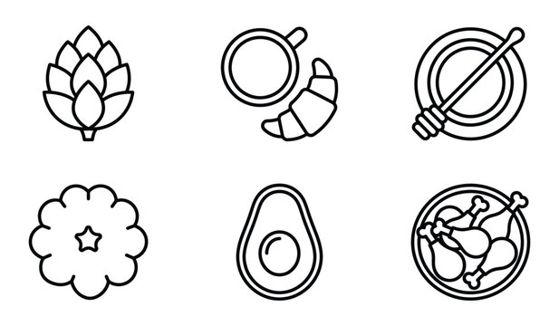 Collection of food and drink related line icons for restaurant menu design with croissant breakfast restaurant ingredients