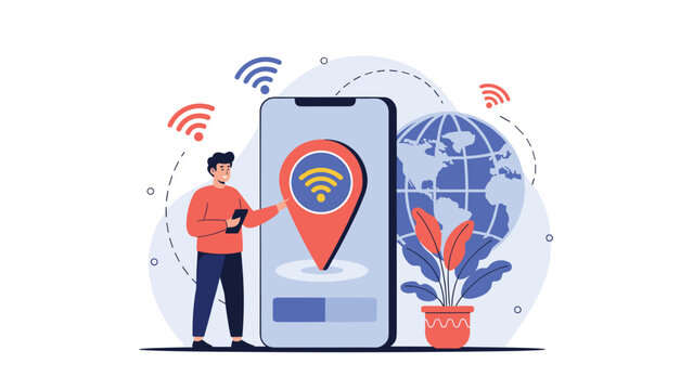 Traveler uses a mobile app to find free wifi hotspots and internet connectivity locations worldwide while planning a journey on a smartphone.