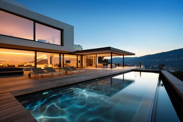 Fototapeta premium Modern House With Pool at Dusk in a Mountain Setting