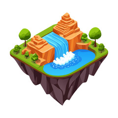 An isometric landscape of a floating island showcases a scenic waterfall and a winding river flowing through a dense forest of coniferous trees © color