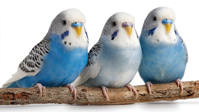 Three blue parakeets perched on a branch against a white background