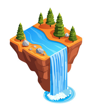 This serene isometric winter island features a lone polar bear walking across the snow near pine trees and a frozen blue river