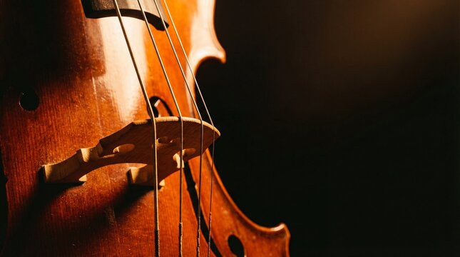 Close up of a vintage wooden cello body with strings in low key lighting