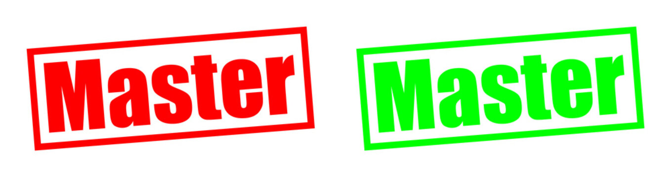 Two rubber stamps with the word Master in red and green on a black background Isolated on transparent background