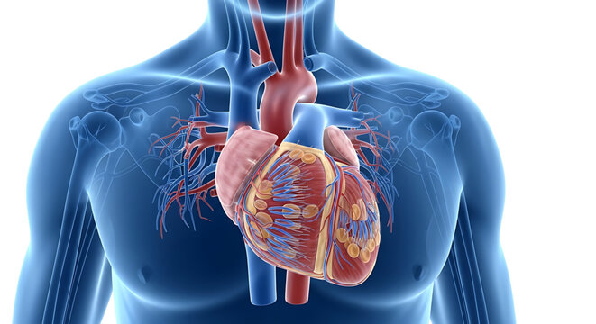 A detailed illustration of the human heart and circulatory system in a transparent blue body