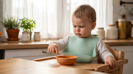 Naklejka premium Toddler sitting in a high chair looking at a bowl of food with a skeptical and grumpy facial expression in a bright kitchen