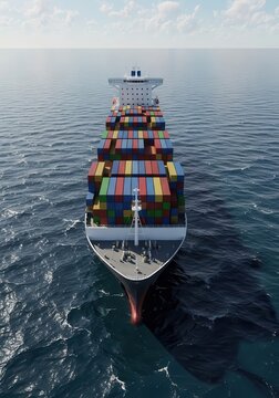 Large container ship loaded with cargo navigates across the calm open ocean.