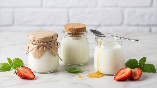 Three glass jars of homemade yogurt with honey, fresh strawberries, and basil leaves on a marble table against a white brick wall