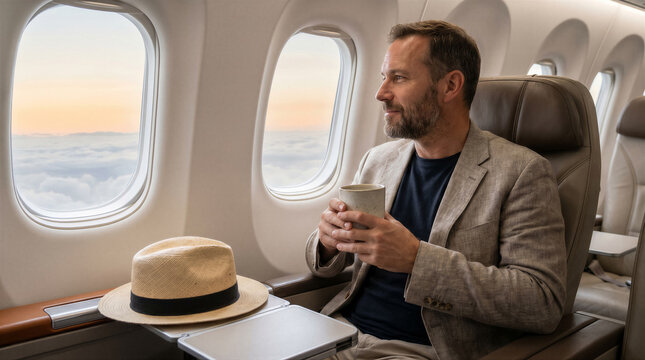 Middleaged man enjoying a drink while looking out the airplane window during a flight at sunset, wearing a linen jacket and hat