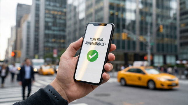 Closeup of a person holding a smartphone in a busy city street, displaying a notification that rent has been paid automatically