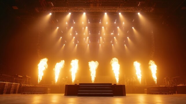 Dramatic Empty Stage Illuminated by Fiery Lights in an Artisan Display of Stage Design and Set Preparation for Upcoming Performances