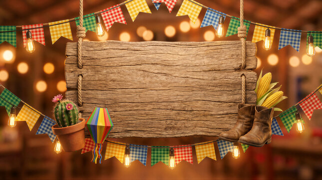 Festa junina background with empty rustic wooden sign, colorful banners, string lights, corn, boots and cactus for june festival 24