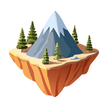 Majestic floating island with snow capped mountain and pine trees rendered in a detailed isometric style for adventurous fantasy game environment design concepts