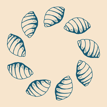 Hand drawn tropical sea shells circular frame vector template. Decorative marine frame, seashells wreath perfect for greeting cards and summer design.