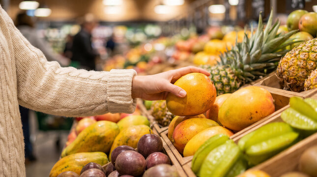 Closeup of a persons hand picking a fresh, ripe mango from a wooden crate at a grocery store, surrounded by various tropical fruits