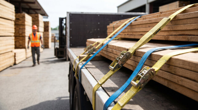 Worker in safety gear walking past a flatbed truck loaded with lumber secured by ratchet straps in a lumber yard or warehouse facility