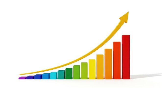 Colorful bar graph ascending with a curving upward arrow, set against a plain white backdrop