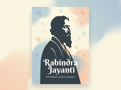 Soft colored Rabindra Jayanti greeting poster illustration, featuring a serene portrait of Rabindranath Tagore, perfect for cultural celebration event templates.