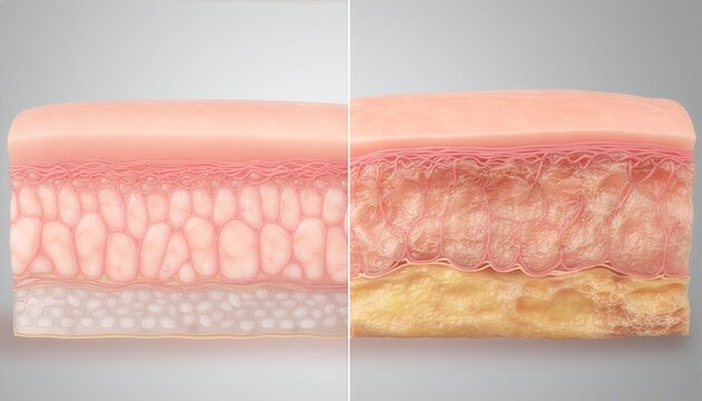 Split screen shows healthy skin anatomy and skin affected by UV rays in a clear comparison