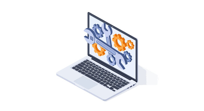 3D Isometric Laptop with Wrench and Gears - IT Support, Technical Service, Maintenance, and Computer Repair Concept