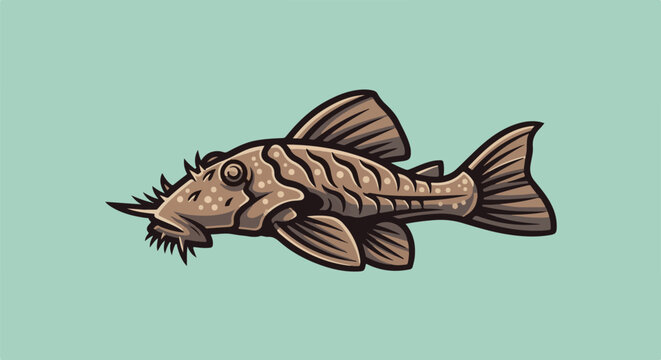 Stylized illustration of a brown, armored catfish with barbels and distinctive markings