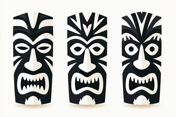 Fototapeta premium Stylized black tribal mask illustrations featuring intricate designs and expressive features, showcasing three distinct faces with bold patterns and contrasting colors