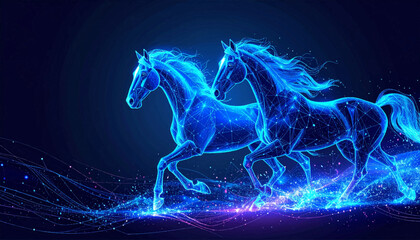 Obraz premium Luminous blue horses emerging from sparkling energy particles. Elegant equine duo glowing across deep futuristic space. Digital stallions with fluid motion and radiant texture