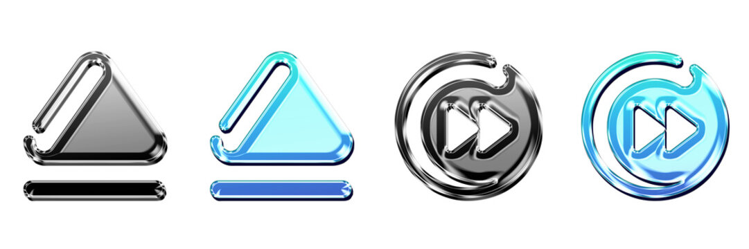 3D rendered glass icon pack featuring eject and fast forward round. Media controls icon collection and design. Modern icon design. Professional icon set illustration.